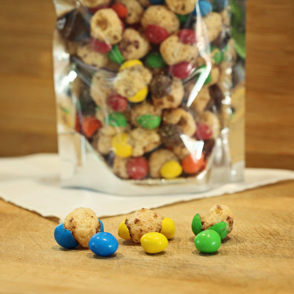 freeze dried Caramel M&M's before and after freeze drying