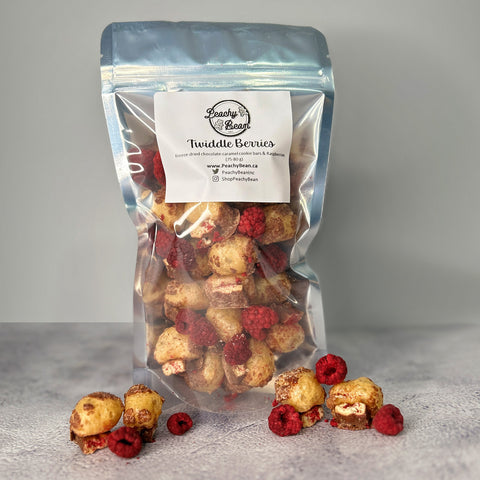freeze-dried chocolate-cookie bars with a caramel puff and freeze-dried raspberries.